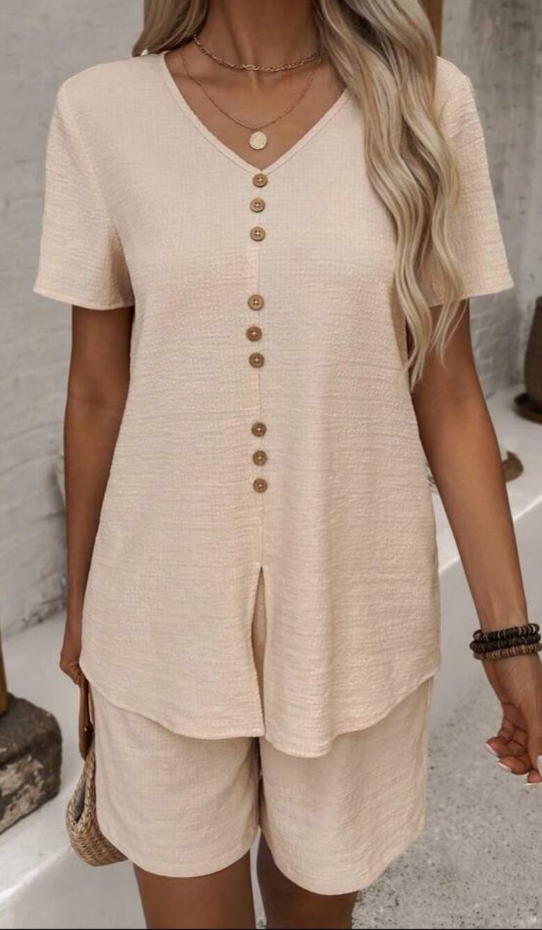 Shein Emery Rose V Neck Button Decorated Loose Top and Short 2 Piece Set